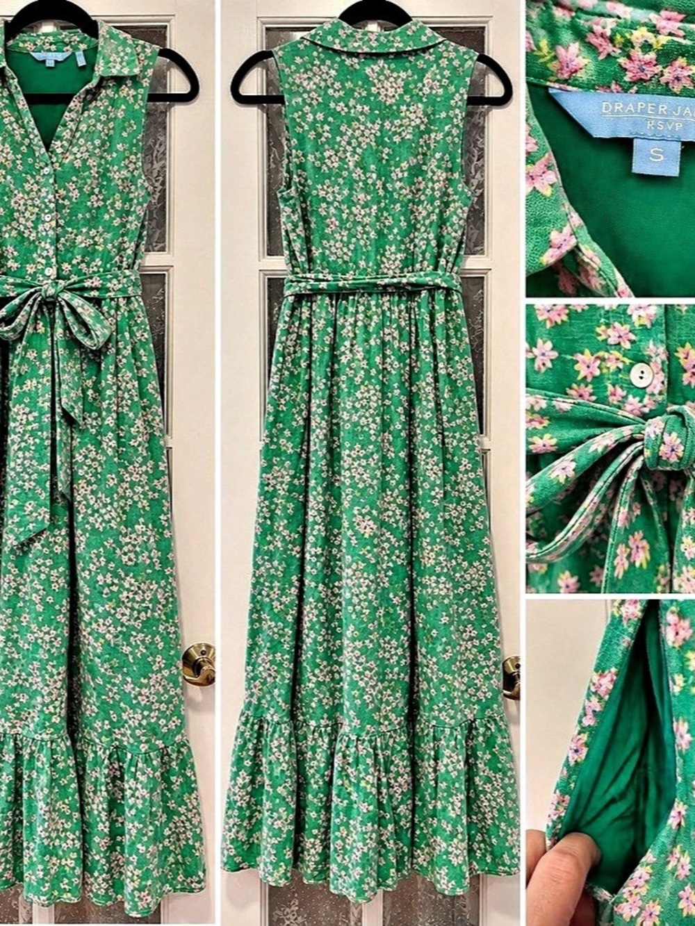 Draper James RSVP Green Pink Floral Maxi Dress Size S Belted Pockets Cottagecore - Picture 2 of 2